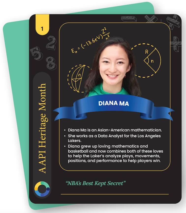 Meet Diana Ma! She's a math whiz and a huge basketball fan. Diana works for the Los Angeles Lakers as a data analyst, and she uses her math skills to help the players become even better at the game! She looks at how they play, move, and perform to find ways to make them win more.